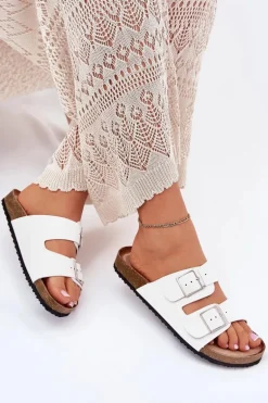 Klapki Damskie Na Korkowej Platformie Klamry Białe Evisolla