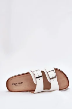 Klapki Damskie Na Korkowej Platformie Klamry Białe Evisolla