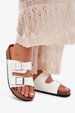 Klapki Damskie Na Korkowej Platformie Klamry Białe Evisolla