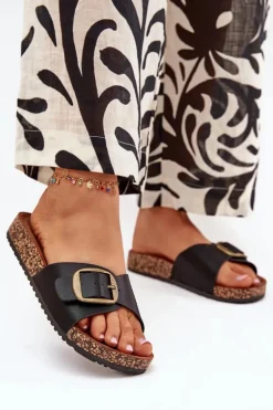 Klapki Damskie Na Korkowej Platformie Z Klamrą Czarne Vianara