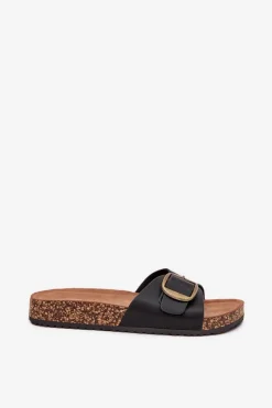 Klapki Damskie Na Korkowej Platformie Z Klamrą Czarne Vianara