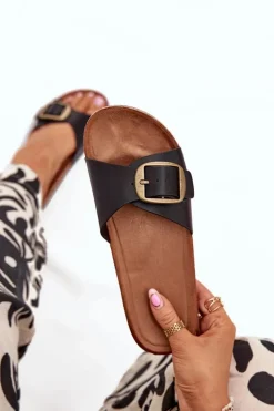 Klapki Damskie Na Korkowej Platformie Z Klamrą Czarne Vianara