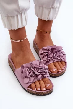 Klapki Damskie Na Korkowej Platformie Z Eko Zamszu Fioletowe Jaihini