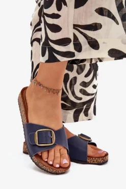 Klapki Damskie Na Korkowej Platformie Z Klamrą Granatowe Vianara