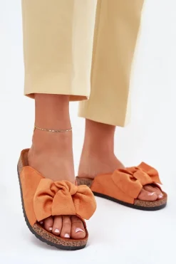 Klapki Damskie Na Korkowej Podeszwie Kokardką Pomarańczowe Seressa