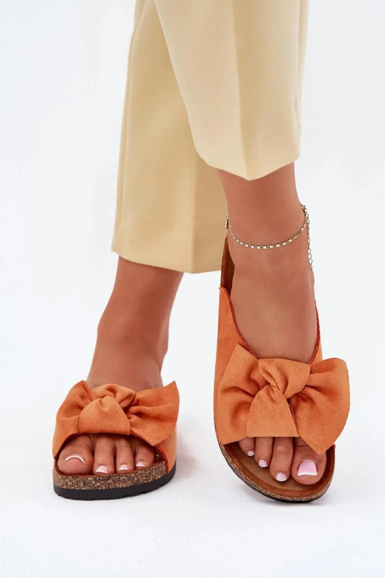 Klapki Damskie Na Korkowej Podeszwie Kokardką Pomarańczowe Seressa