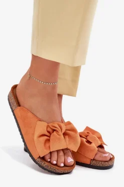 Klapki Damskie Na Korkowej Podeszwie Kokardką Pomarańczowe Seressa