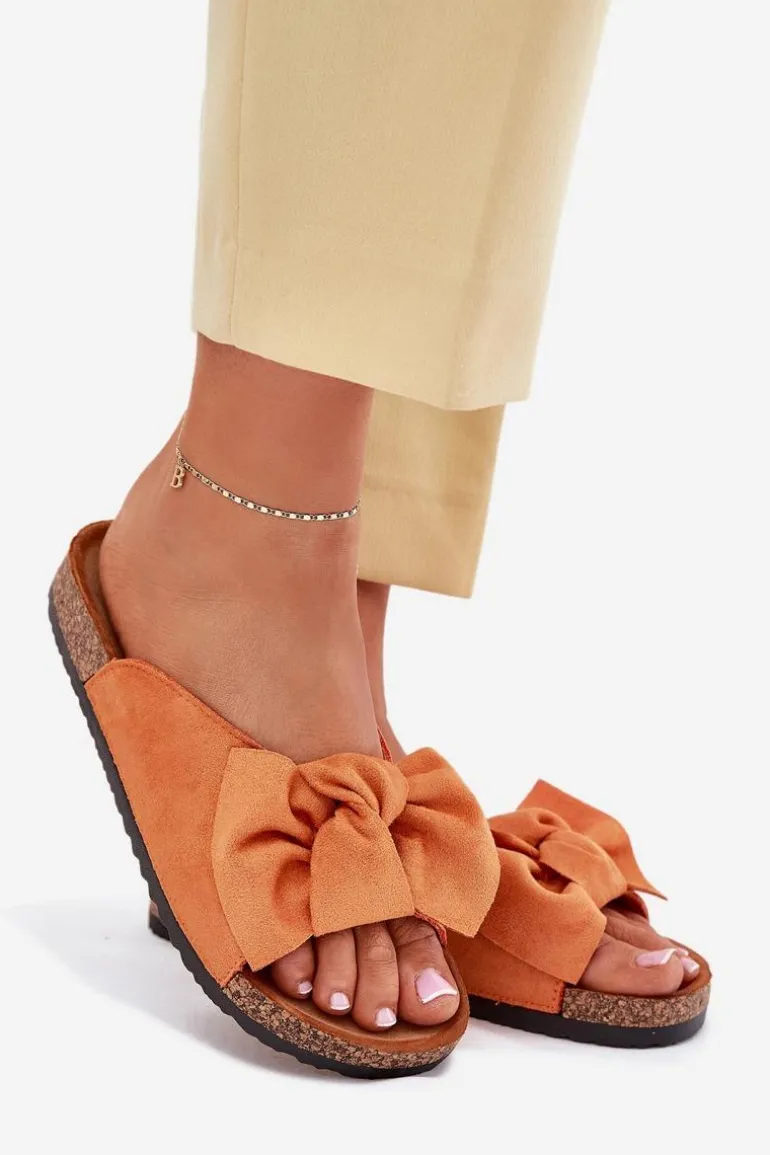 Klapki Damskie Na Korkowej Podeszwie Kokardką Pomarańczowe Seressa