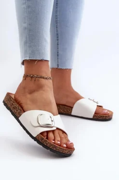 Klapki Damskie Na Korkowej Platformie Z Klamrą Białe Moaxi