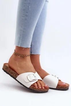 Klapki Damskie Na Korkowej Platformie Z Klamrą Białe Moaxi