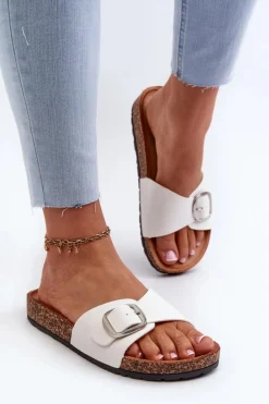 Klapki Damskie Na Korkowej Platformie Z Klamrą Białe Moaxi