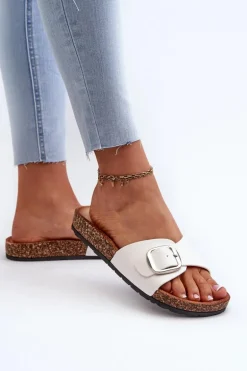 Klapki Damskie Na Korkowej Platformie Z Klamrą Białe Moaxi