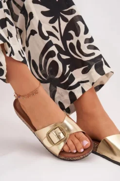 Klapki Damskie Na Korkowej Platformie Z Klamrą Złote Vianara