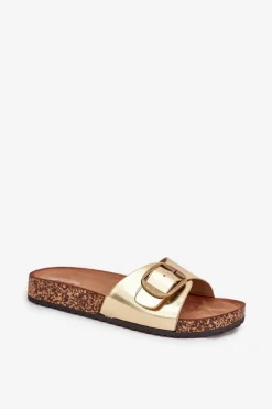 Klapki Damskie Na Korkowej Platformie Z Klamrą Złote Vianara