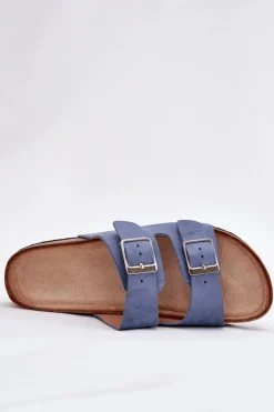 Klapki Damskie Na Korkowej Platformie Klamry Niebieskie Evisolla