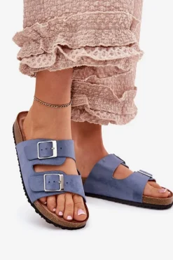 Klapki Damskie Na Korkowej Platformie Klamry Niebieskie Evisolla