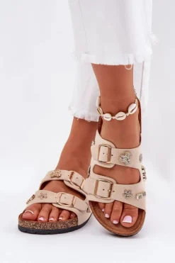 Klapki Damskie Na Korkowej Podeszwie Z Klamrami I Przypinkami Beżowe Efadelis