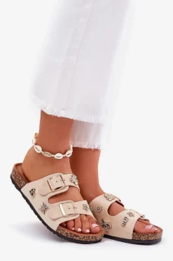 Klapki Damskie Na Korkowej Podeszwie Z Klamrami I Przypinkami Beżowe Efadelis