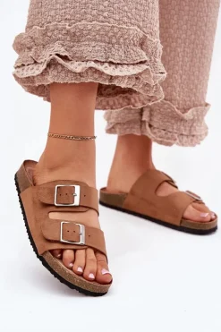 Klapki Damskie Na Korkowej Platformie Klamry Camel Evisolla