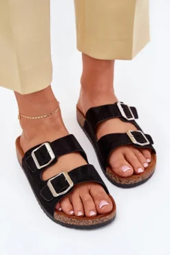 Klapki Damskie Na Korkowej Platformie Z Klamrami Czarne Livara