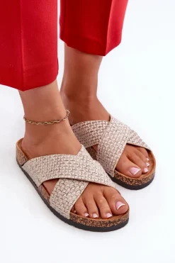 Klapki Damskie Na Korkowej Platformie Beżowe Tesolen