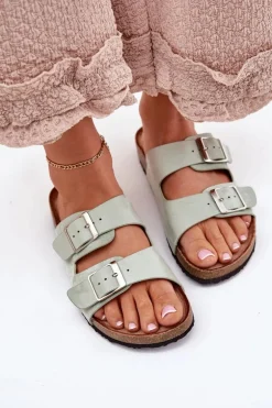 Klapki Damskie Na Korkowej Platformie Klamry Miętowe Evisolla