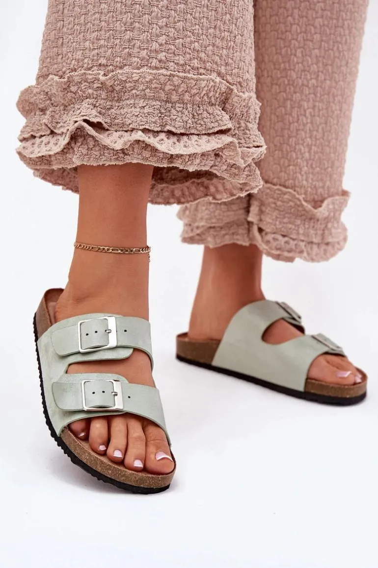 Klapki Damskie Na Korkowej Platformie Klamry Miętowe Evisolla