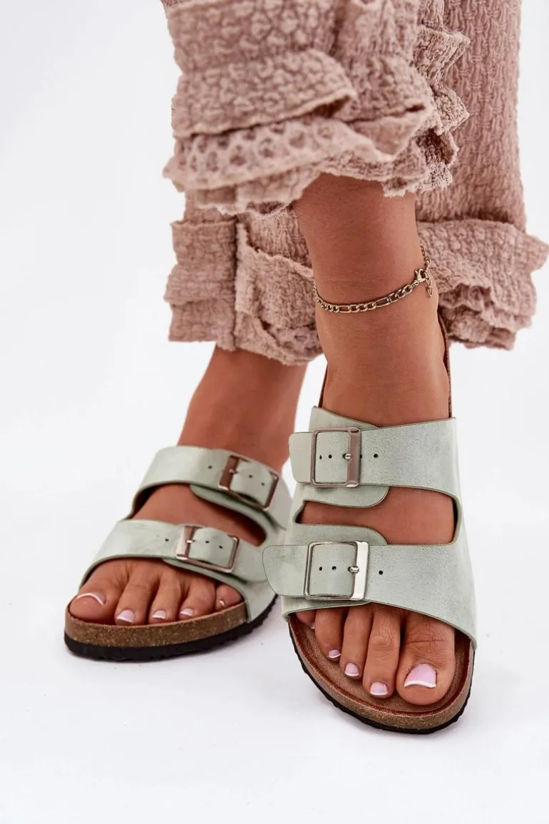 Klapki Damskie Na Korkowej Platformie Klamry Miętowe Evisolla