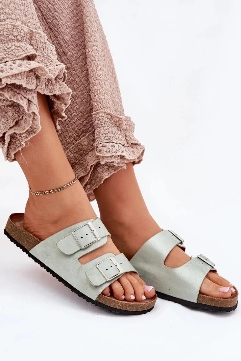 Klapki Damskie Na Korkowej Platformie Klamry Miętowe Evisolla