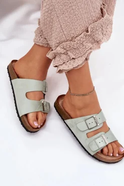 Klapki Damskie Na Korkowej Platformie Klamry Miętowe Evisolla