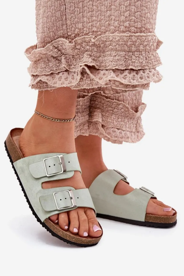 Klapki Damskie Na Korkowej Platformie Klamry Miętowe Evisolla