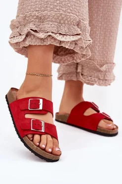 Klapki Damskie Na Korkowej Platformie Klamry Czerwone Evisolla