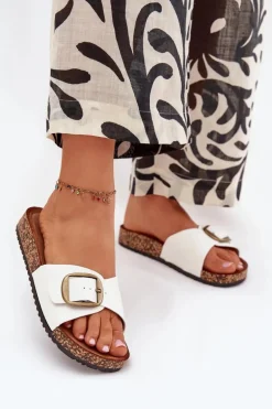 Klapki Damskie Na Korkowej Platformie Z Klamrą Białe Vianara