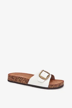 Klapki Damskie Na Korkowej Platformie Z Klamrą Białe Vianara