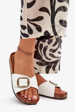 Klapki Damskie Na Korkowej Platformie Z Klamrą Białe Vianara