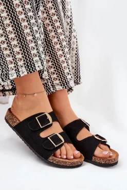 Klapki Damskie Na Korkowej Platformie Ze Złotymi Klamrami Czarne Lisavionea