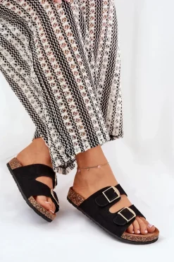 Klapki Damskie Na Korkowej Platformie Ze Złotymi Klamrami Czarne Lisavionea