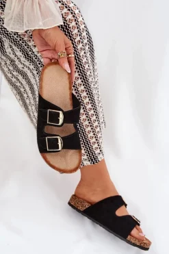 Klapki Damskie Na Korkowej Platformie Ze Złotymi Klamrami Czarne Lisavionea