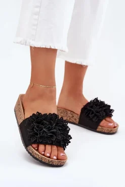 Klapki Damskie Na Korkowej Platformie Czarne Elirna