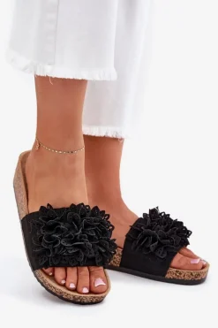 Klapki Damskie Na Korkowej Platformie Czarne Elirna