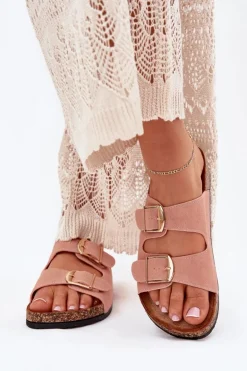 Klapki Damskie Na Korkowej Platformie Ze Złotymi Klamrami Różowe Lisavionea