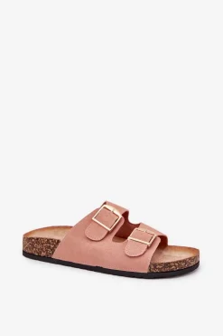 Klapki Damskie Na Korkowej Platformie Ze Złotymi Klamrami Różowe Lisavionea