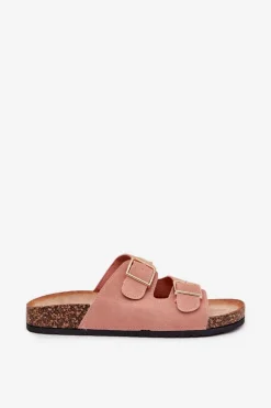 Klapki Damskie Na Korkowej Platformie Ze Złotymi Klamrami Różowe Lisavionea