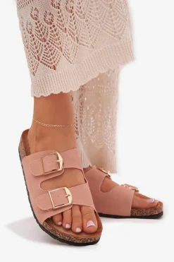 Klapki Damskie Na Korkowej Platformie Ze Złotymi Klamrami Różowe Lisavionea