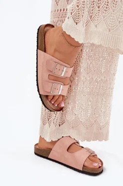 Klapki Damskie Na Korkowej Platformie Klamry Różowe Evisolla