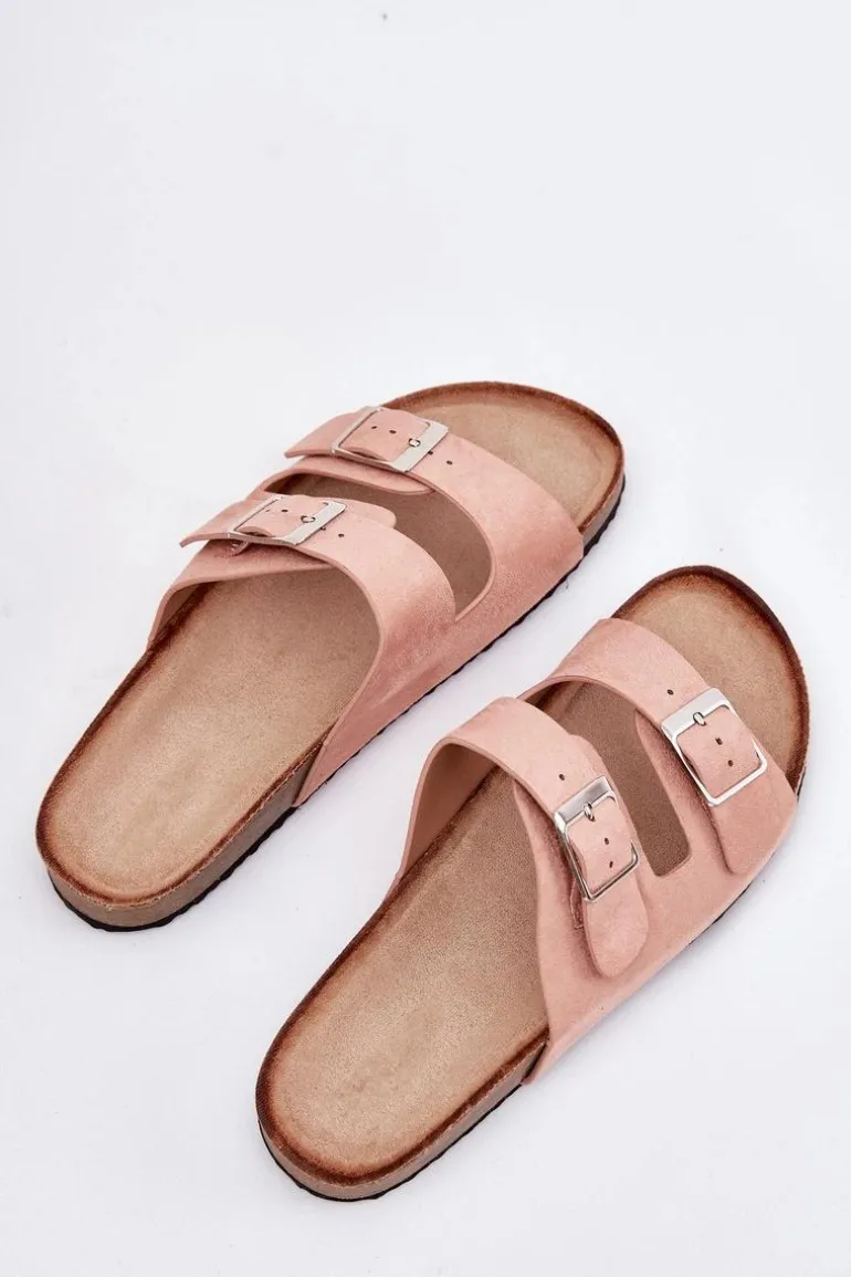 Klapki Damskie Na Korkowej Platformie Klamry Różowe Evisolla