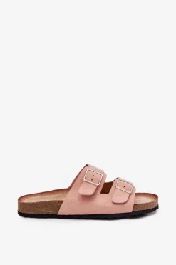 Klapki Damskie Na Korkowej Platformie Klamry Różowe Evisolla