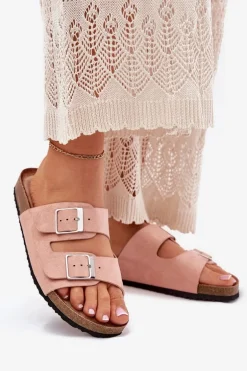 Klapki Damskie Na Korkowej Platformie Klamry Różowe Evisolla