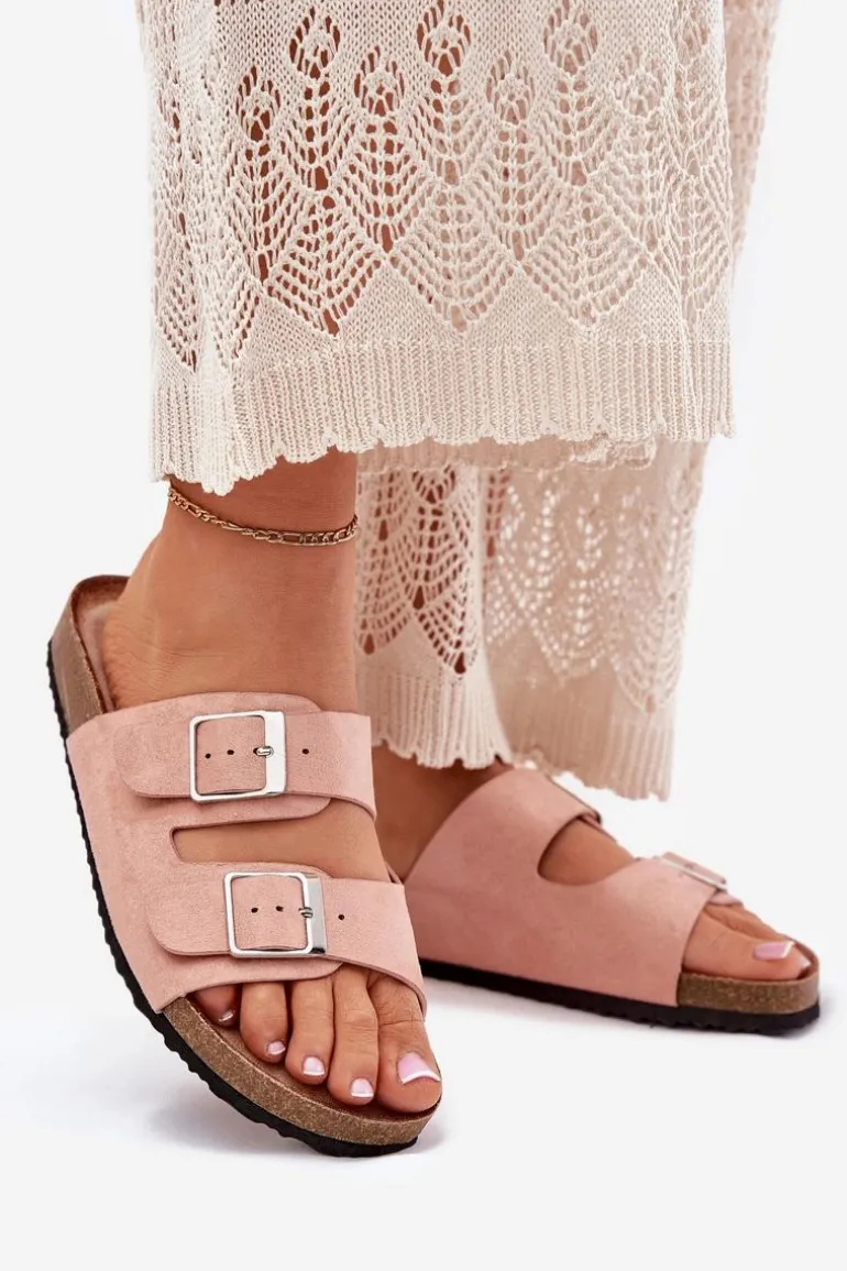 Klapki Damskie Na Korkowej Platformie Klamry Różowe Evisolla