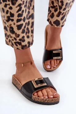 Klapki Damskie Na Korkowej Platformie Z Ozdobą Czarne Elleriome